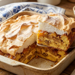 Szeletelt, réteges máglyarakás egy rusztikus kerámia tepsiben, tetején vastag, aranybarnára sült tojásfehérjehabbal, szaftos almás-diós és lekváros kalácsrétegekkel.