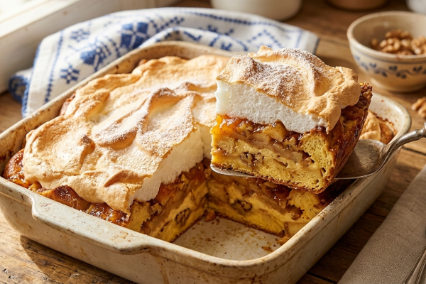 Szeletelt, réteges máglyarakás egy rusztikus kerámia tepsiben, tetején vastag, aranybarnára sült tojásfehérjehabbal, szaftos almás-diós és lekváros kalácsrétegekkel.