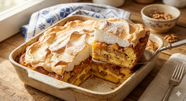 Szeletelt, réteges máglyarakás egy rusztikus kerámia tepsiben, tetején vastag, aranybarnára sült tojásfehérjehabbal, szaftos almás-diós és lekváros kalácsrétegekkel.