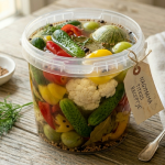 Hagyományos vödrös dobálós savanyúság színes zöldségekkel, uborkával, paprikával és karfiollal