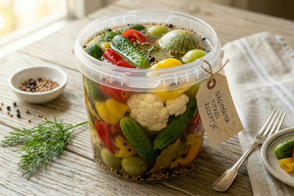 Hagyományos vödrös dobálós savanyúság színes zöldségekkel, uborkával, paprikával és karfiollal