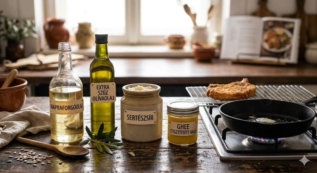 Különböző konyhai zsiradékok bemutatása: napraforgóolaj, extra szűz olívaolaj, sertészsír bödönben és tisztított vaj (ghee) egy serpenyő mellett.