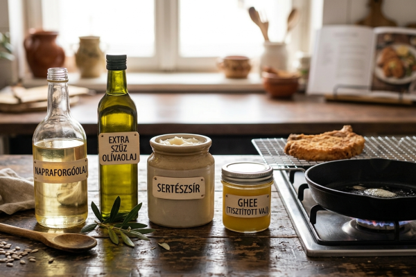 Különböző konyhai zsiradékok bemutatása: napraforgóolaj, extra szűz olívaolaj, sertészsír bödönben és tisztított vaj (ghee) egy serpenyő mellett.