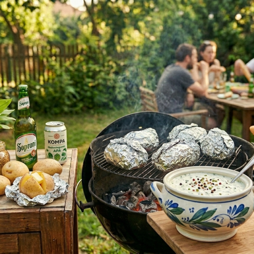 Hangulatos tavaszi grillparti egy napsütötte kertben. Az előtérben, egy rusztikus faasztalon friss medvehagyma, egy tál krémes, fűszeres tejfölös mártogatós, vajjal töltött burgonyák és egy üveg Soproni sör látható. A grillrácson alufóliába csomagolt burgonyák sülnek a parázs felett, a háttérben pedig egy baráti társaság élvezi az ebédet a kertben.