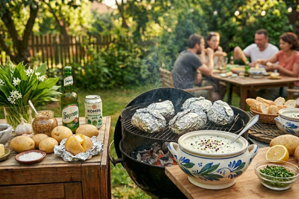 Hangulatos tavaszi grillparti egy napsütötte kertben. Az előtérben, egy rusztikus faasztalon friss medvehagyma, egy tál krémes, fűszeres tejfölös mártogatós, vajjal töltött burgonyák és egy üveg Soproni sör látható. A grillrácson alufóliába csomagolt burgonyák sülnek a parázs felett, a háttérben pedig egy baráti társaság élvezi az ebédet a kertben.