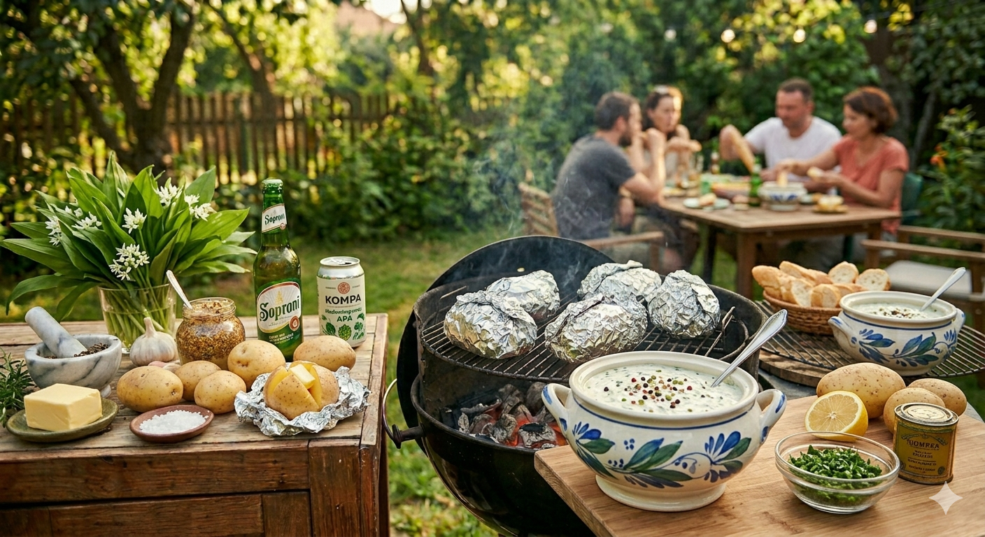 Hangulatos tavaszi grillparti egy napsütötte kertben. Az előtérben, egy rusztikus faasztalon friss medvehagyma, egy tál krémes, fűszeres tejfölös mártogatós, vajjal töltött burgonyák és egy üveg Soproni sör látható. A grillrácson alufóliába csomagolt burgonyák sülnek a parázs felett, a háttérben pedig egy baráti társaság élvezi az ebédet a kertben.