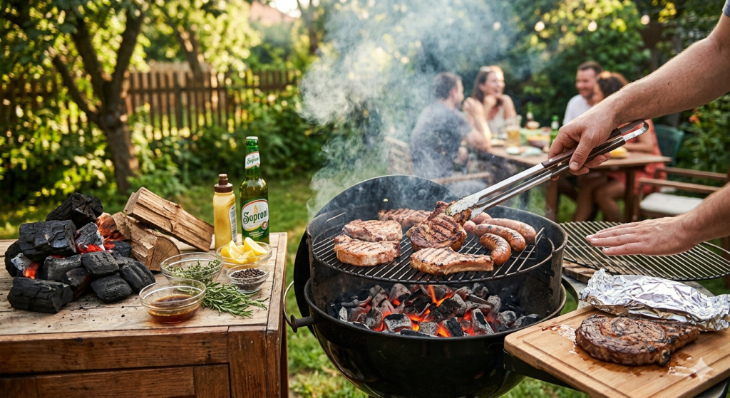 Hangulatos kerti grillparti napsütésben: egy faszenes gömbgrill rácsán szaftos húsok és kolbászok sülnek, mellettük egy férfi épp a „kéztengely” szabállyal ellenőrzi a hőt. A háttérben baráti társaság vacsorázik egy faasztalnál, az előtérben pedig előkészített tüzelőanyag, friss fűszerek és egy üveg Soproni sör látható.