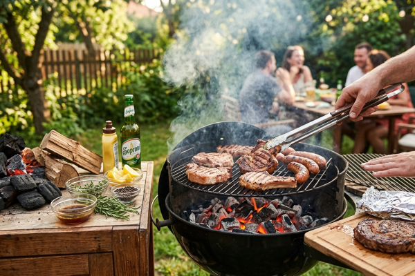 Hangulatos kerti grillparti napsütésben: egy faszenes gömbgrill rácsán szaftos húsok és kolbászok sülnek, mellettük egy férfi épp a „kéztengely” szabállyal ellenőrzi a hőt. A háttérben baráti társaság vacsorázik egy faasztalnál, az előtérben pedig előkészített tüzelőanyag, friss fűszerek és egy üveg Soproni sör látható.