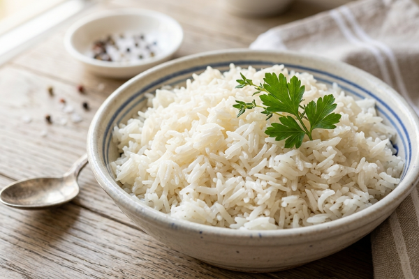 Párolt pergetős rizs rusztikus tálban, friss petrezselyemmel díszítve