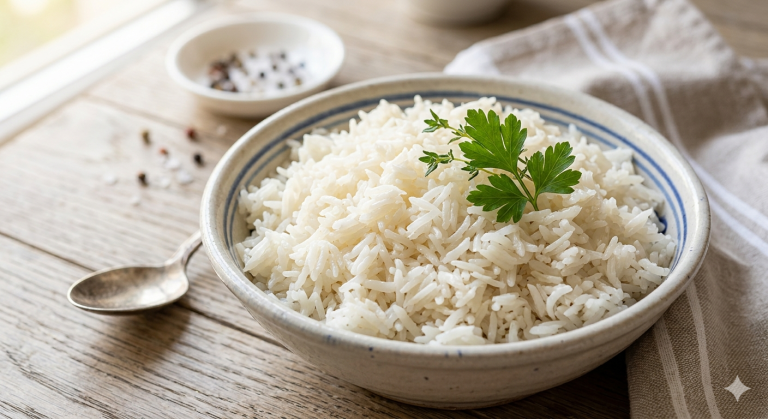 Párolt pergetős rizs rusztikus tálban, friss petrezselyemmel díszítve