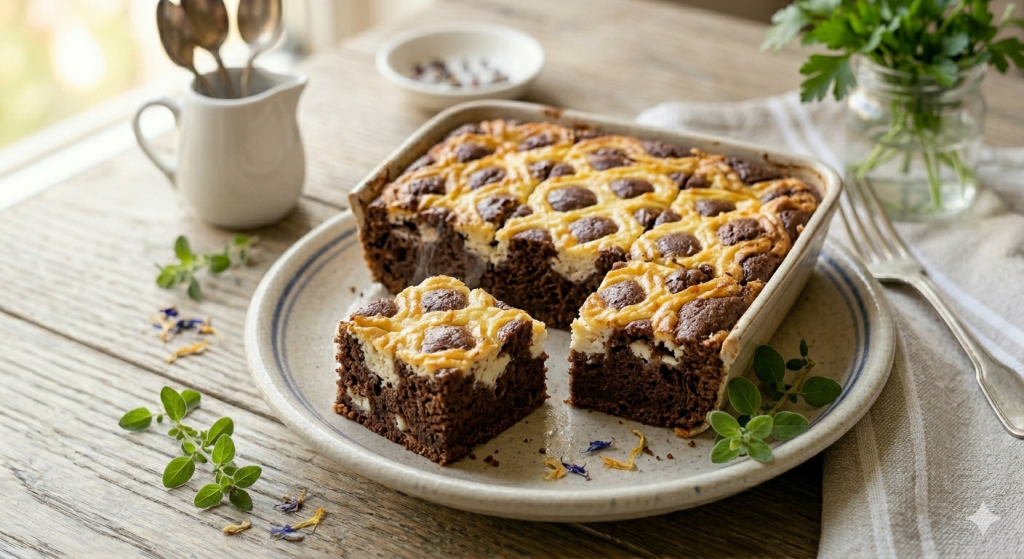 Kockákra vágott kakaós-túrós boci süti rusztikus tálalásban, rácsos túrókrém díszítéssel