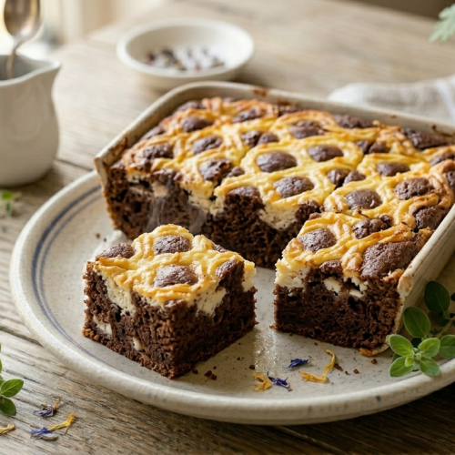 Kockákra vágott kakaós-túrós boci süti rusztikus tálalásban, rácsos túrókrém díszítéssel