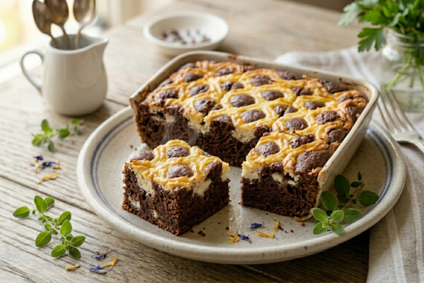 Kockákra vágott kakaós-túrós boci süti rusztikus tálalásban, rácsos túrókrém díszítéssel