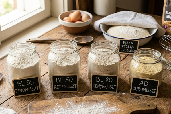 Különböző lisztfajták üvegtálakban feliratozva: BL 55 finomliszt, BF 50 rétesliszt, BL 80 kenyérliszt és durumliszt egy rusztikus konyhaasztalon.