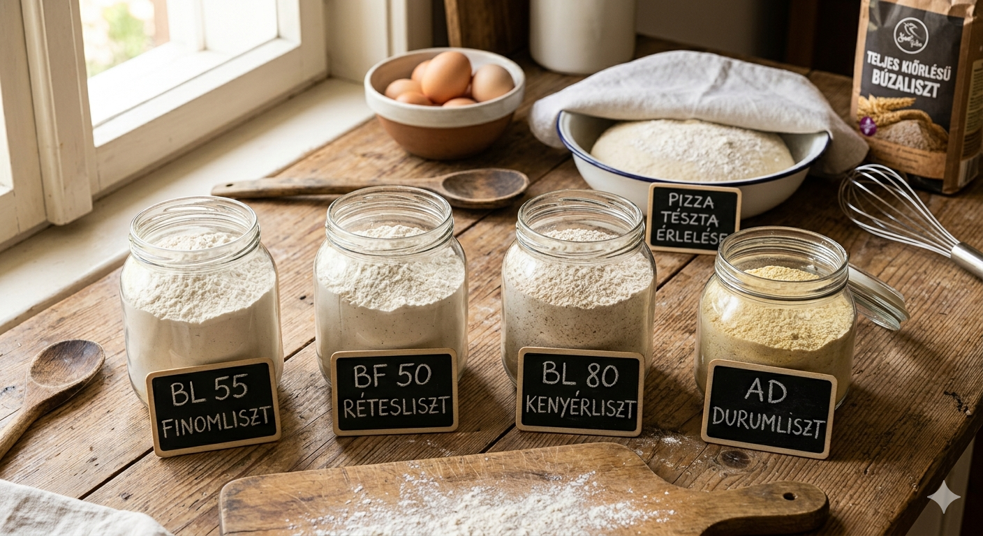 Különböző lisztfajták üvegtálakban feliratozva: BL 55 finomliszt, BF 50 rétesliszt, BL 80 kenyérliszt és durumliszt egy rusztikus konyhaasztalon.