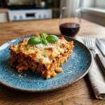 Szaftos tepsis rakott tészta aranybarnára sült sajttal a tetején, rusztikus kék tányéron tálalva, friss bazsalikom díszítéssel, egy pohár vörösbor mellett egy faasztalon.