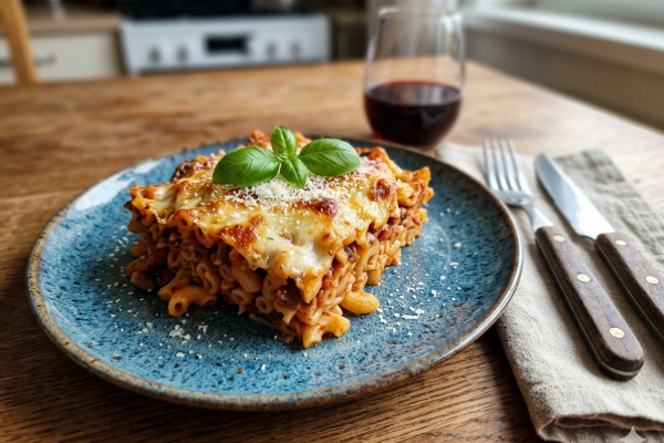 Szaftos tepsis rakott tészta aranybarnára sült sajttal a tetején, rusztikus kék tányéron tálalva, friss bazsalikom díszítéssel, egy pohár vörösbor mellett egy faasztalon.