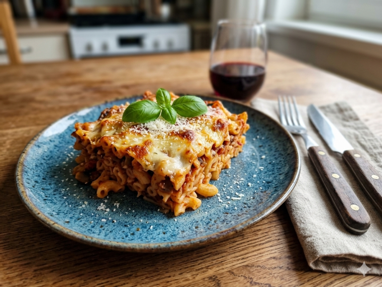 Szaftos tepsis rakott tészta aranybarnára sült sajttal a tetején, rusztikus kék tányéron tálalva, friss bazsalikom díszítéssel, egy pohár vörösbor mellett egy faasztalon.