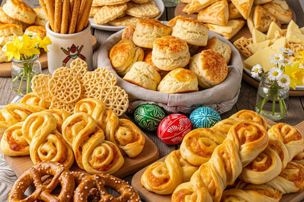 Gazdagon megrakott ünnepi asztal tele különféle házi sós vendégváró süteményekkel. A képen aranybarna, reszelt sajttal szórt foszlós pogácsák, fonott vajdasági sós-sajtos tekercsek, ropogós sós perecek, sajtos grissini rudak, omlós sajtos háromszögek és vékony, ropogós sajtos tallérok láthatóak. Az asztalt húsvéti hímes tojások és sárga nárciszok díszítik, rusztikus fa felületen, tavaszi hangulatban.