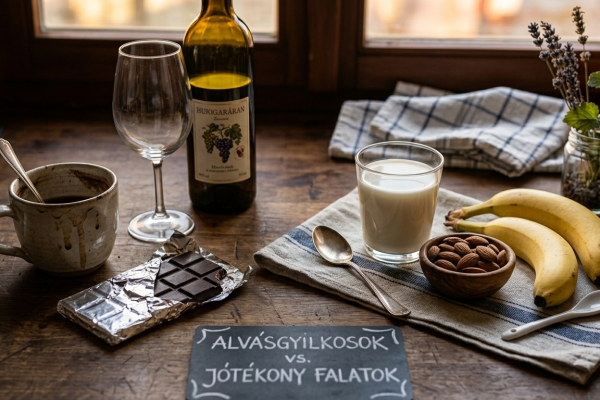 Vacsoraasztal káros és egészséges ételekkel: kávé, bor, csokoládé szemben a tejjel, mandulával és banánnal az esti alvás segítésére