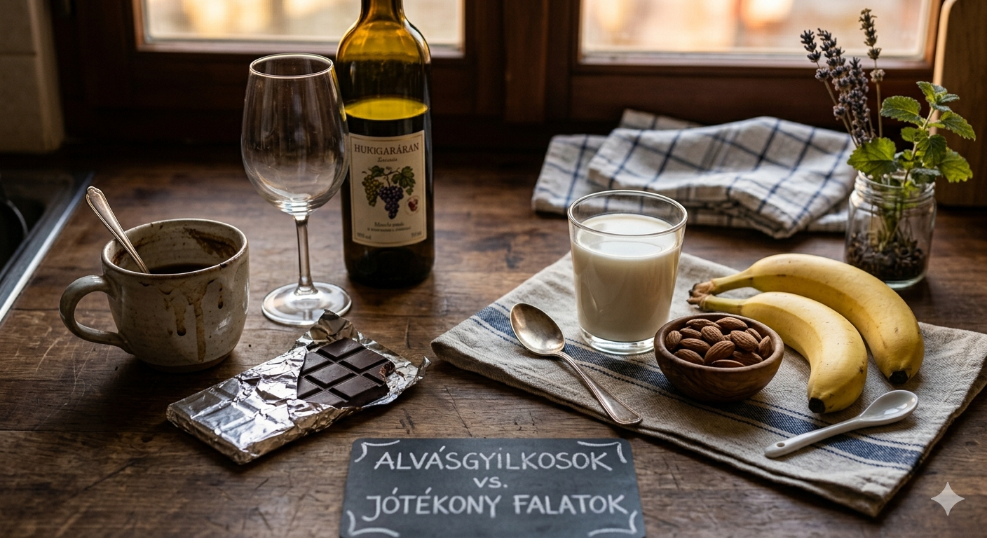 Vacsoraasztal káros és egészséges ételekkel: kávé, bor, csokoládé szemben a tejjel, mandulával és banánnal az esti alvás segítésére