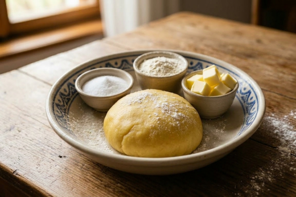 Rusztikus, kézzel festett kerámia tál egy fa asztalon, benne egy gömbölyű, liszttel megszórt omlós linzertészta gombóccal. A tészta mögött három kis kerámia edényben láthatók a 3:2:1 arány alapanyagai: finomliszt, kristálycukor és felkockázott hideg vaj. A háttérben elmosódott ablak és természetes fény.