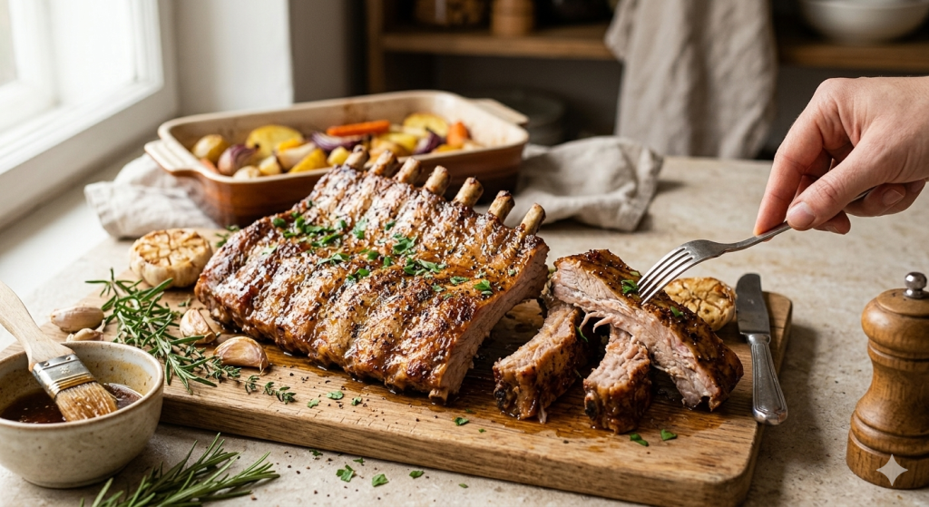 Egészben sült, szaftos sertésoldalas rusztikus fa vágódeszkán tálalva, friss rozmaringgal, kakukkfűvel és sült fokhagymával. A bordákról már levágtak néhány szeletet, egy kéz villával felemel egy szaftos darabot. A háttérben tepsis sült zöldségek (burgonya, lilahagyma, sárgarépa) egy kerámia edényben, mártásos tálka ecsettel és fűszerszóró.