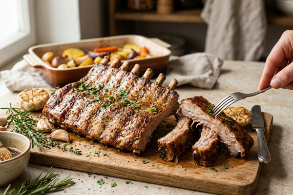 Egészben sült, szaftos sertésoldalas rusztikus fa vágódeszkán tálalva, friss rozmaringgal, kakukkfűvel és sült fokhagymával. A bordákról már levágtak néhány szeletet, egy kéz villával felemel egy szaftos darabot. A háttérben tepsis sült zöldségek (burgonya, lilahagyma, sárgarépa) egy kerámia edényben, mártásos tálka ecsettel és fűszerszóró.