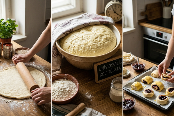 Képcsoport, amely a 'Universal Kelttészta' (univerzális kelttészta) készítésének folyamatát mutatja be. A bal oldalon kezek nyújtják a tésztát nyújtófával egy faasztalon, mellette paradicsomkonzervek és liszt. A középső részen egy nagy kerámia tálban teljesen megkelt, konyharuhával letakart kelttészta látható, mellette egy táblácska 'UNIVERZÁLIS KELTTÉSZTA' felirattal. A jobb oldalon a nő kész süteményeket (lekváros csigák, zsömlék) helyez egy tepsire, mellette lekváros tálkával és liszttel.