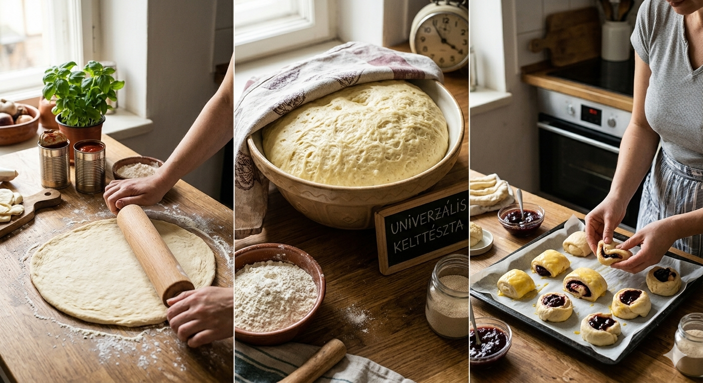 Képcsoport, amely a 'Universal Kelttészta' (univerzális kelttészta) készítésének folyamatát mutatja be. A bal oldalon kezek nyújtják a tésztát nyújtófával egy faasztalon, mellette paradicsomkonzervek és liszt. A középső részen egy nagy kerámia tálban teljesen megkelt, konyharuhával letakart kelttészta látható, mellette egy táblácska 'UNIVERZÁLIS KELTTÉSZTA' felirattal. A jobb oldalon a nő kész süteményeket (lekváros csigák, zsömlék) helyez egy tepsire, mellette lekváros tálkával és liszttel.